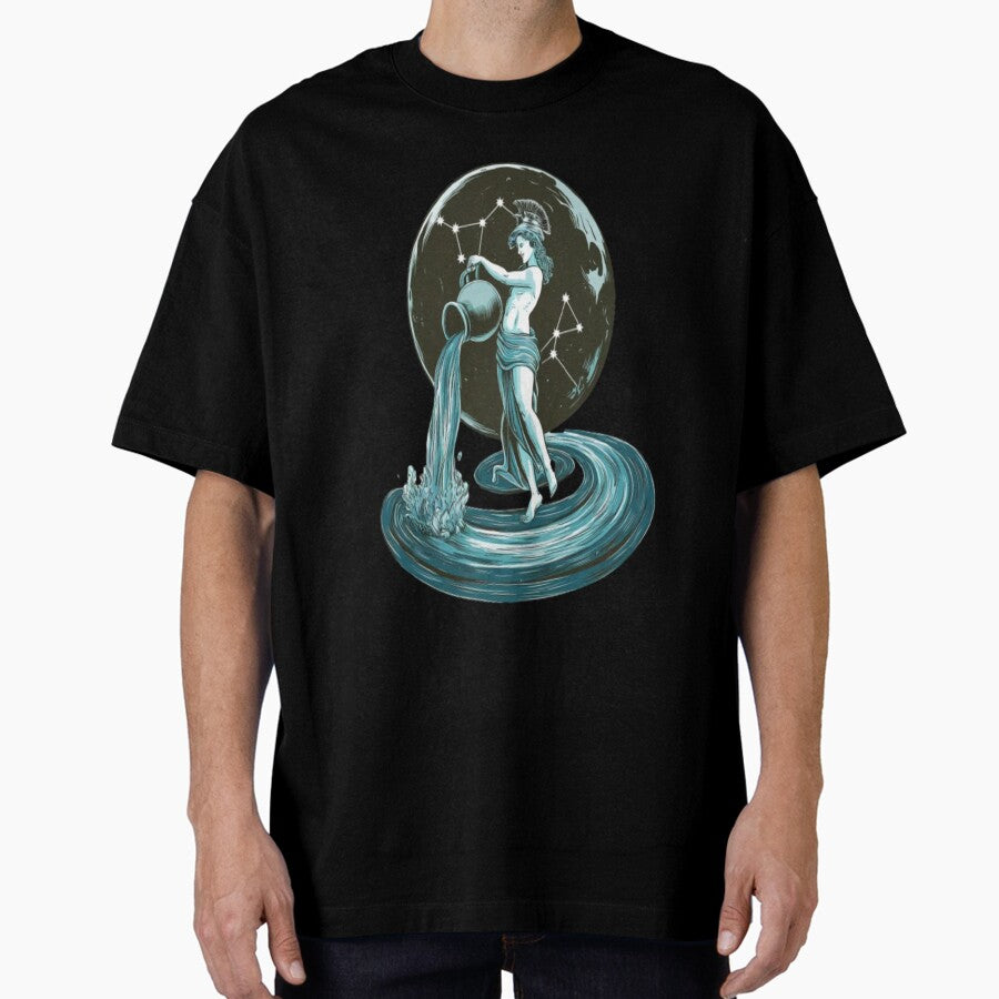 Astrology Zodiac Designs: Aquarius, Water Bearer Pouring Water from Large Jug Oversized T-Shirt