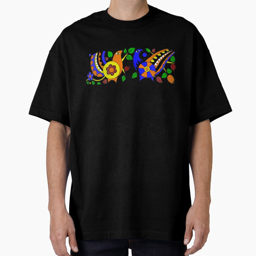 1970s Retro mug design - birds and flowers Oversized T-Shirt