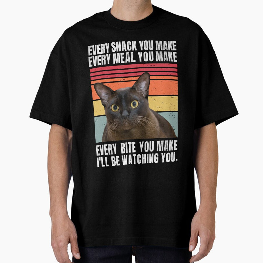 Distressed Retro Stripe Burmese Cat Funny Quotes - Ill Be Watching You Essentials Oversized T-Shirt