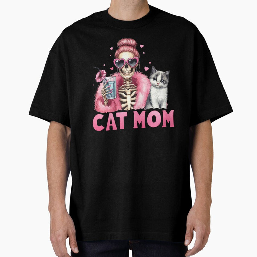 Funny Skeleton Cat Mom With Mom Bun and Sunglasses Oversized T-Shirt