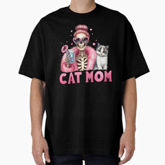 Funny Skeleton Cat Mom With Mom Bun and Sunglasses Oversized T-Shirt