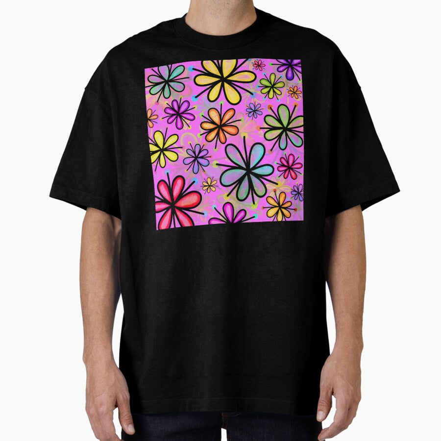 Retro Hippie Colorful Flower Pattern On Hot Pink Oversized T-Shirt