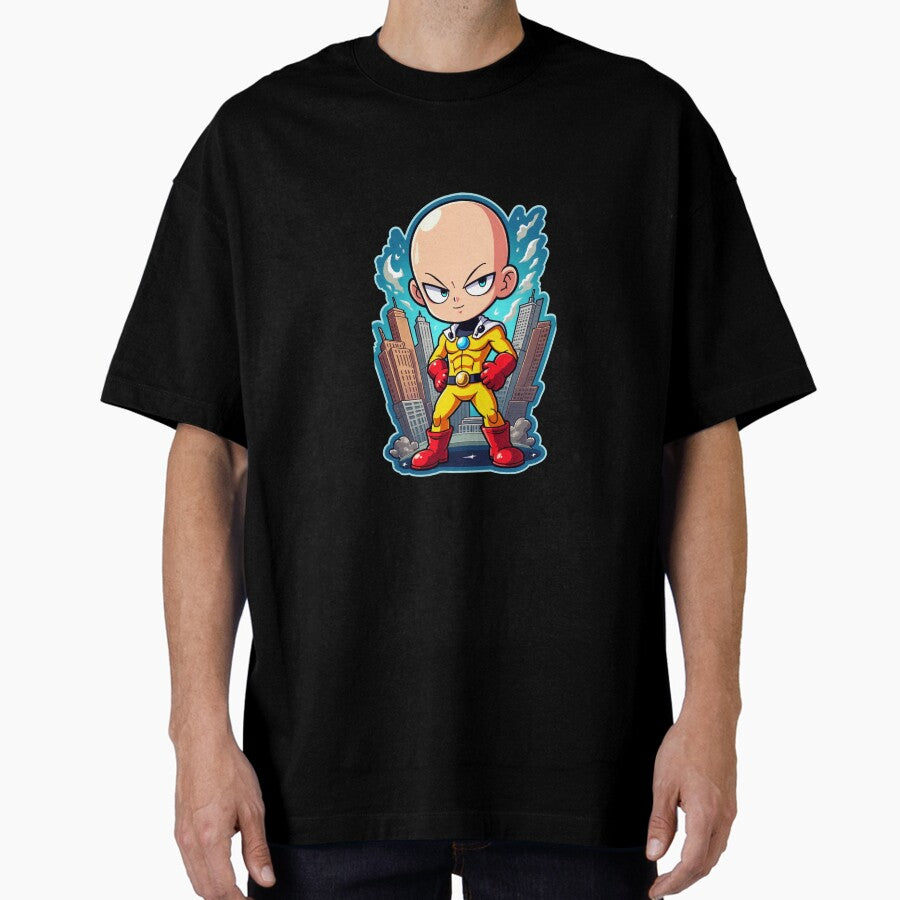 "Chibi Superhero in Vibrant Cityscape" Oversized T-Shirt