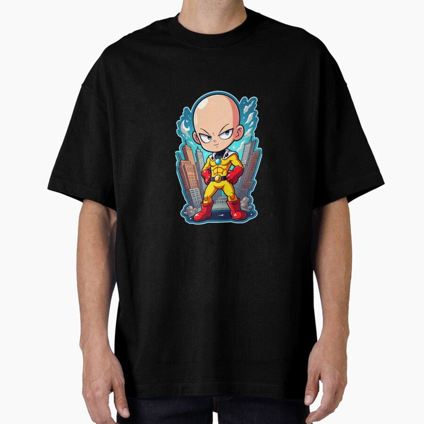 "Chibi Superhero in Vibrant Cityscape" Oversized T-Shirt