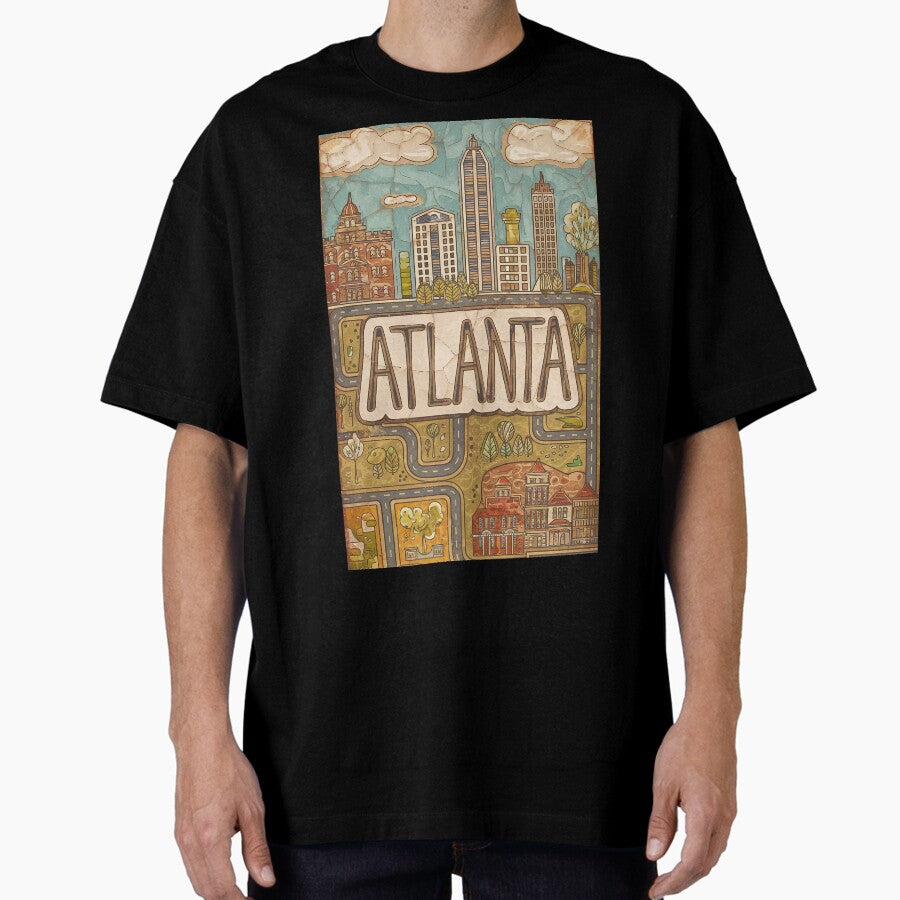Atlanta Whimsical City Life Abstract Vintage Zentangle Art Oversized T Shirt