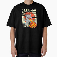 Funny Catzilla Kawaii Cat Kitten Lover Japanese Sunset Oversized T-Shirt