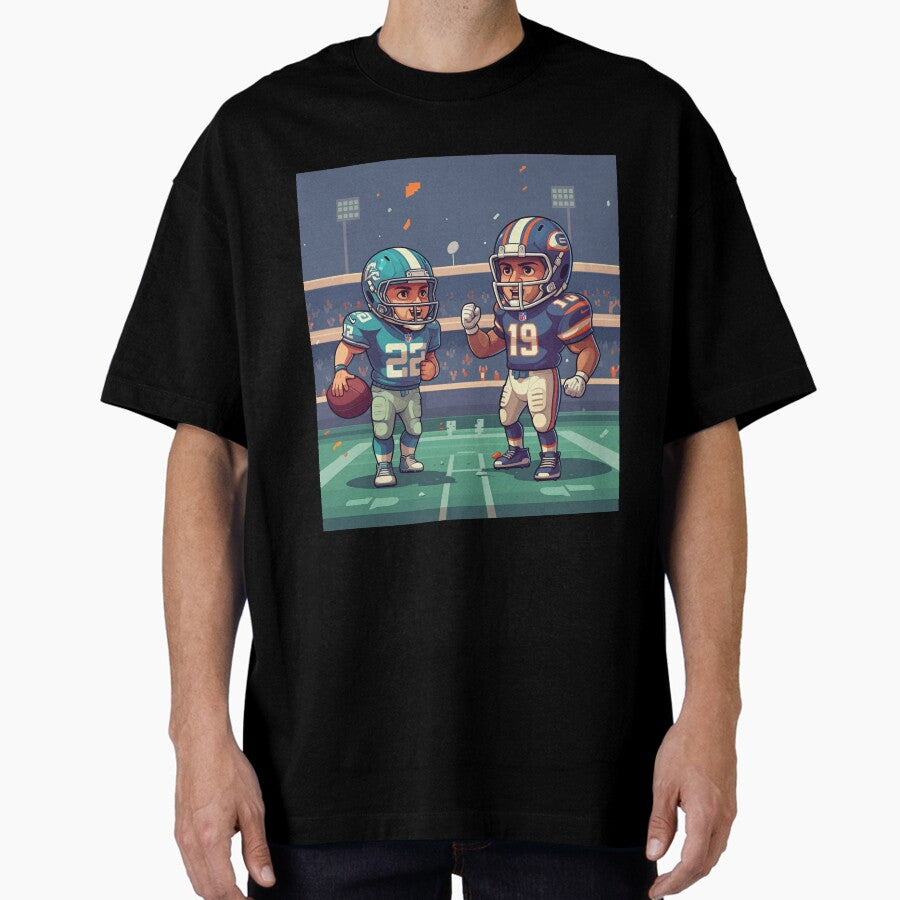 Chibi Football Showdown: Cute Cartoon NFL Players Design Oversized T-Shirt