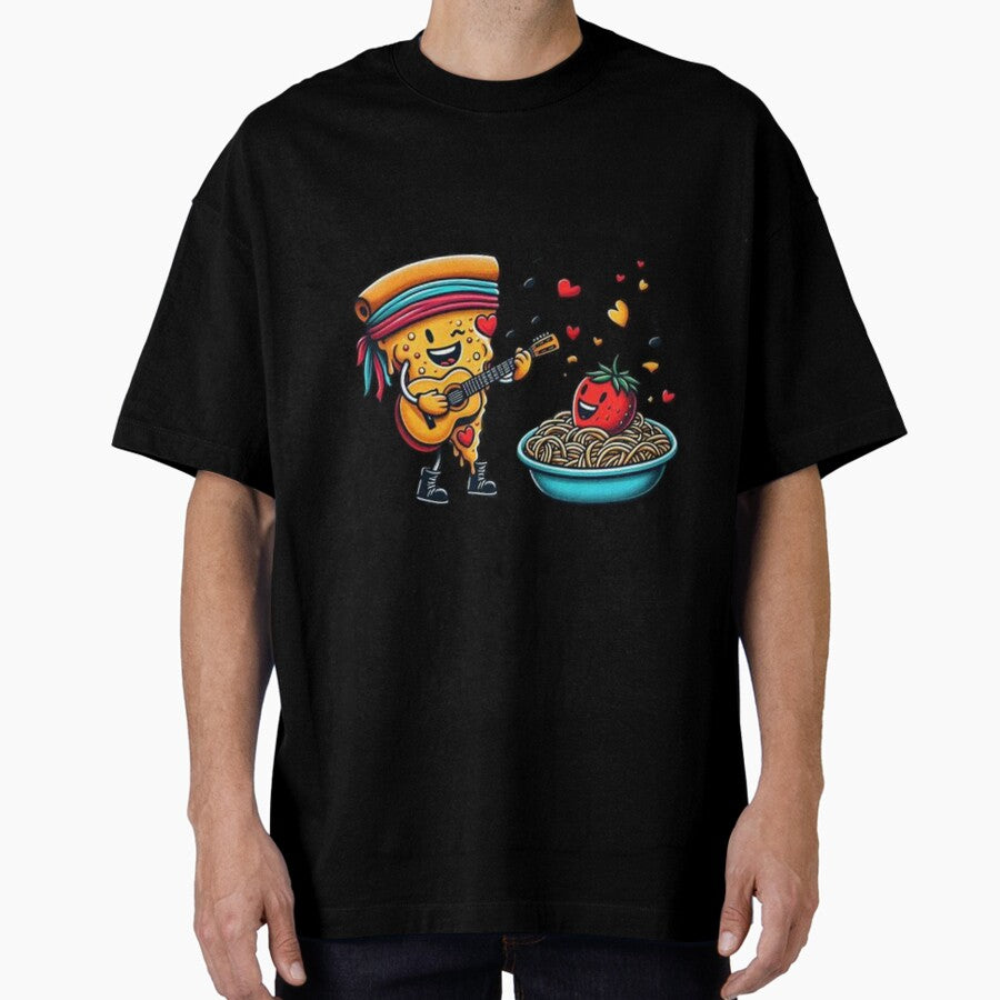 Guitar Serenade: Pizza’s Pasta Love Oversized T-Shirt