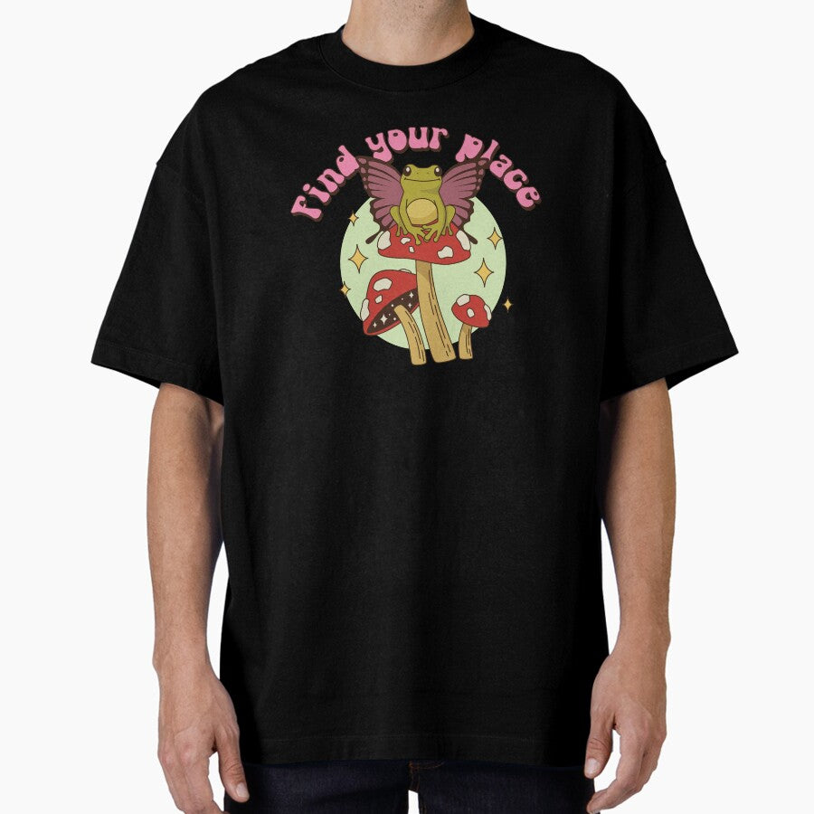 Aesthetic Frog On The Mushroom Cottagecore Illustration Find Your Happy Place Oversized T Shirt