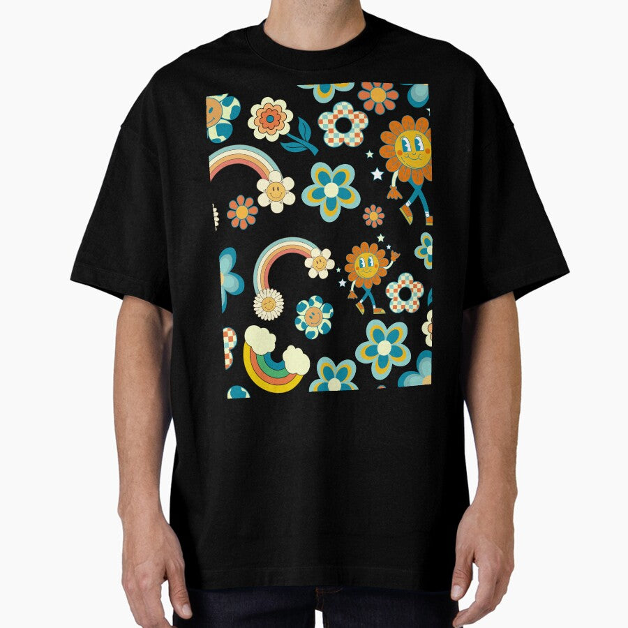 Retro 60s orange and blue flower pattern Oversized T-Shirt