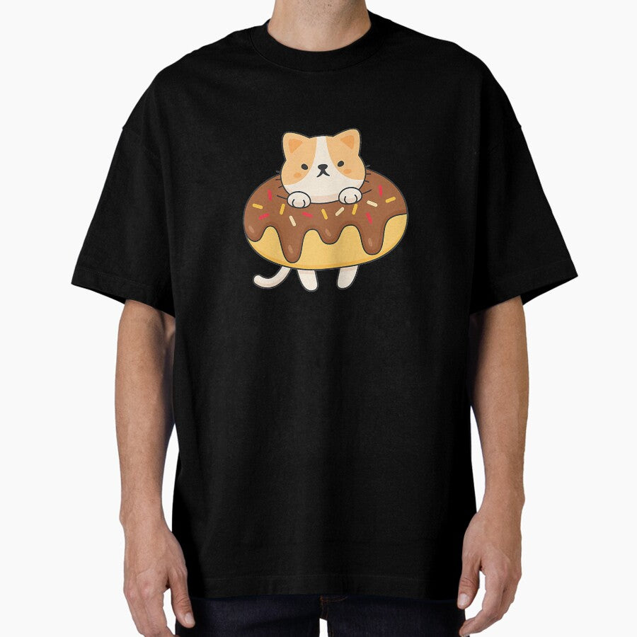 Cute Cat In A Donut, Doughnut Cat, Kitty Cat Lover, Cat Mom Oversized T-Shirt