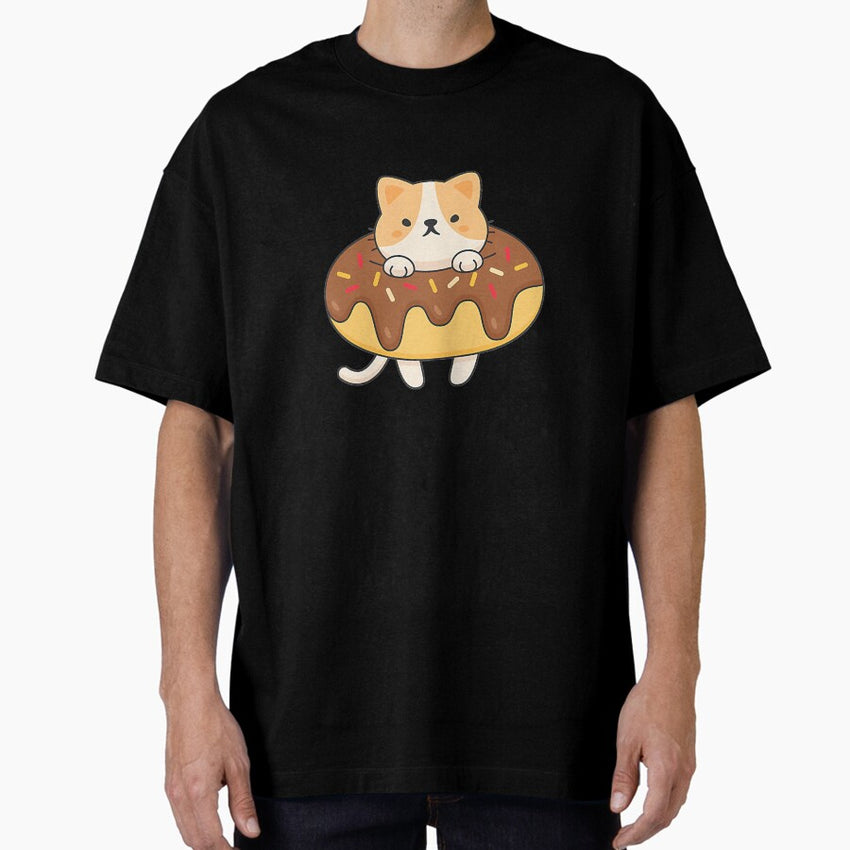 Cute Cat In A Donut, Doughnut Cat, Kitty Cat Lover, Cat Mom Oversized T-Shirt