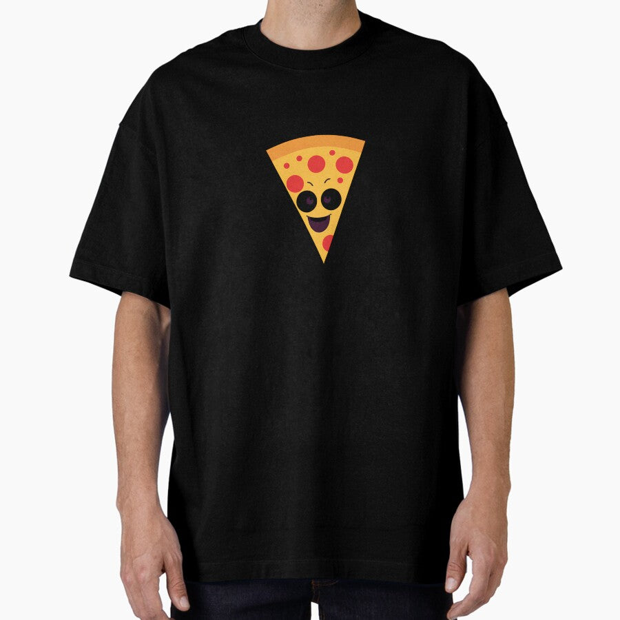 A Cute Kawaii Pizza Slice with a Big Smile and the Text Pizza is Life Funny Food Sticker Oversized T-Shirt