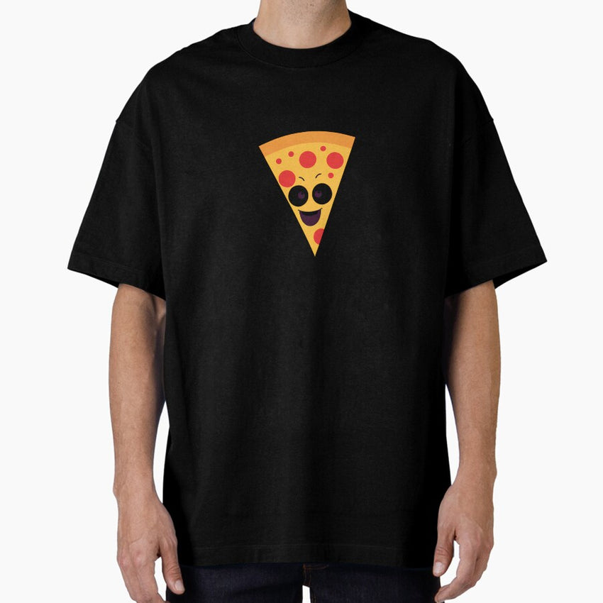 A Cute Kawaii Pizza Slice with a Big Smile and the Text Pizza is Life Funny Food Sticker Oversized T-Shirt