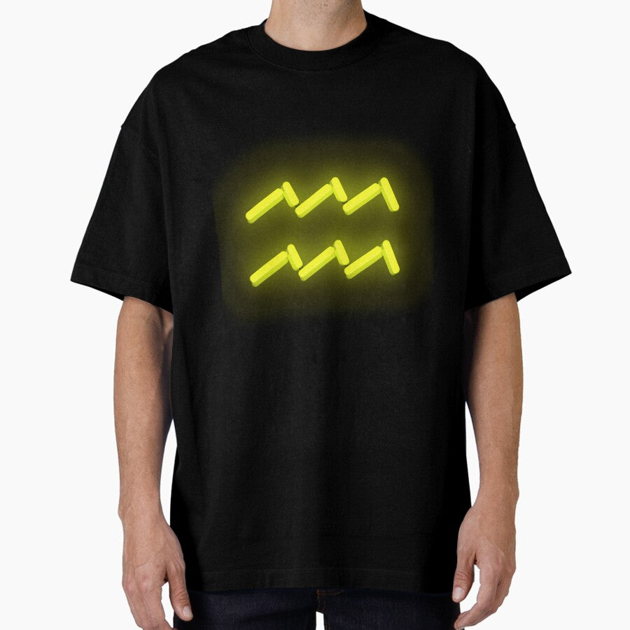 Aquarius Zodiac Neon Sign Yellow Oversized T-Shirt
