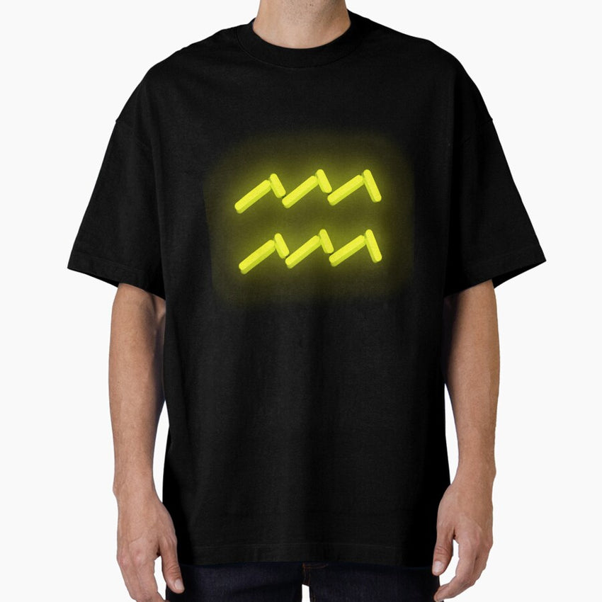 Aquarius Zodiac Neon Sign Yellow Oversized T-Shirt