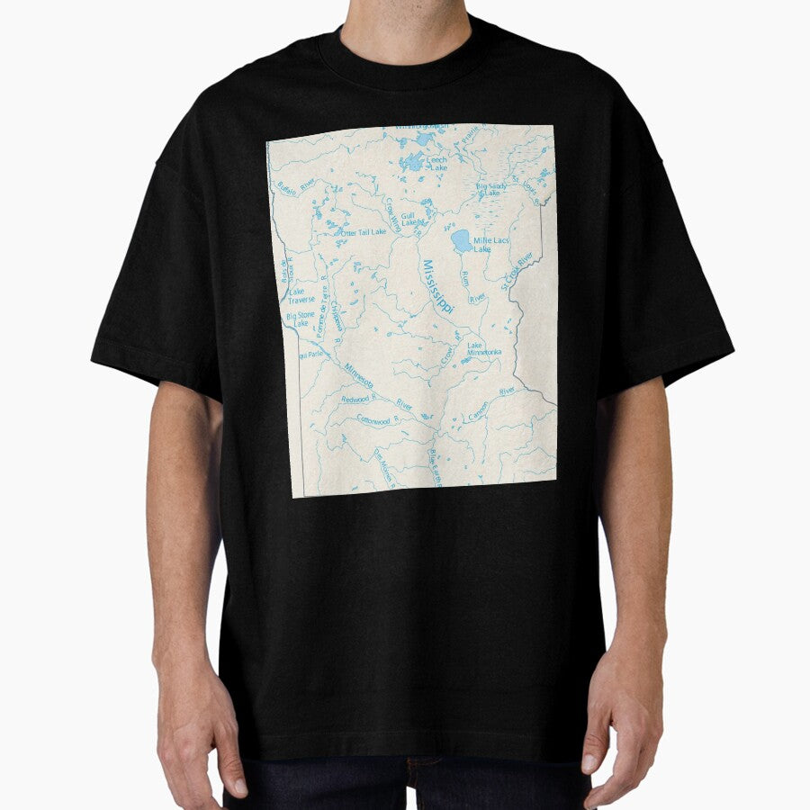 Lakes of Minnesota Map Art with Rivers Stream Oversized T-Shirt