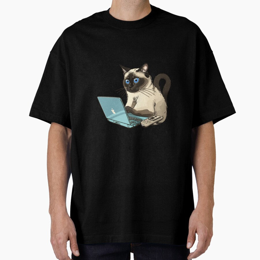 A Siamese Cat Working On Laptop Oversized T-Shirt