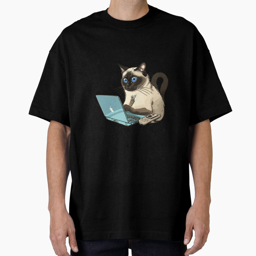 A Siamese Cat Working On Laptop Oversized T-Shirt