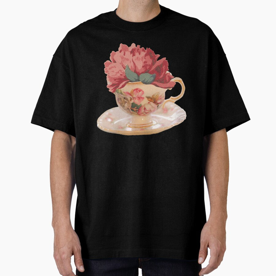 Pink Vintage Flower Teacup Oversized T-Shirt