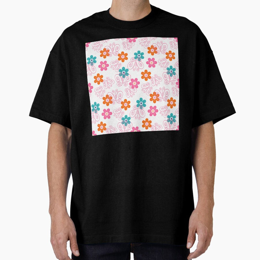 Daisies and Butterflies Pink and Orange Seamless Repeat Oversized T-Shirt