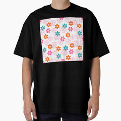 Daisies and Butterflies Pink and Orange Seamless Repeat Oversized T-Shirt