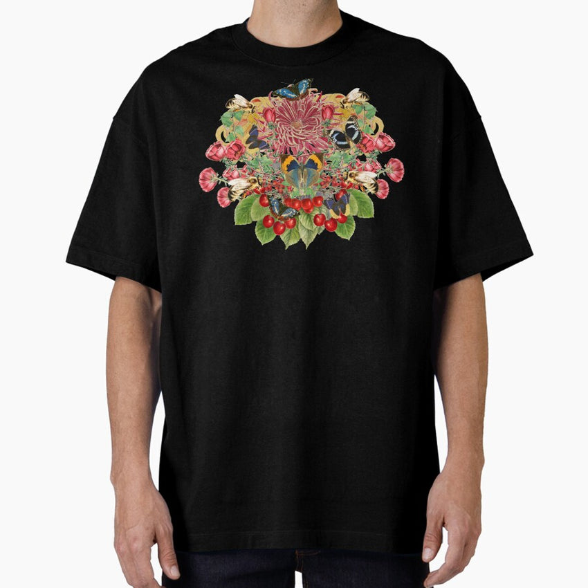 Bees And Butterflies Beautiful Flower Mirror Image Design Oversized T-Shirt