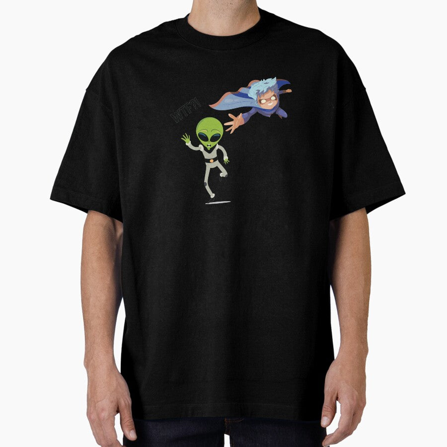 An Alien Running From A Superhero Oversized T-Shirt