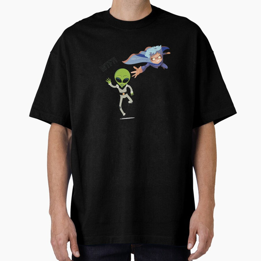 An Alien Running From A Superhero Oversized T-Shirt
