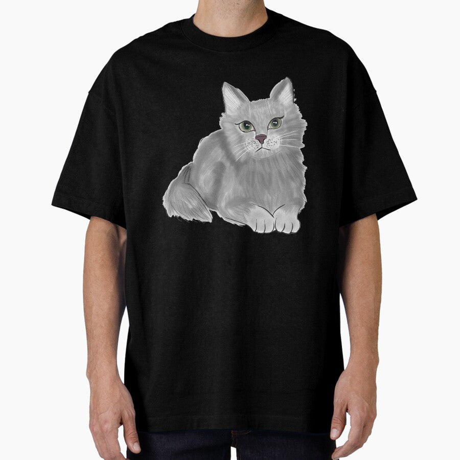 Laying Down Grey Cat with Green Eyes Oversized T-Shirt