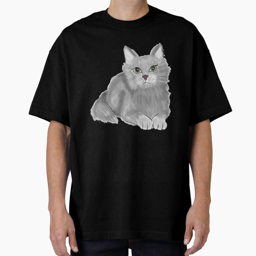Laying Down Grey Cat with Green Eyes Oversized T-Shirt