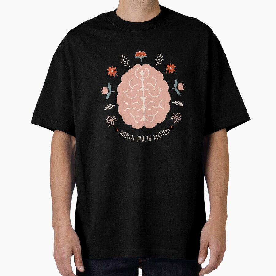 Mental Health Matters Navy Mental Health Awareness Brain Floral Illustration Oversized T Shirt