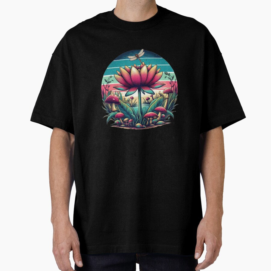vintage lotus with pink mushrooms in a lake,Vintage Flowers,Retro Flowers,retro floral,vintage nature Oversized T-Shirt