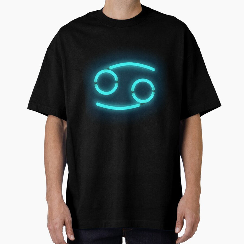 Cancer Zodiac Neon Sign Blue Oversized T-Shirt