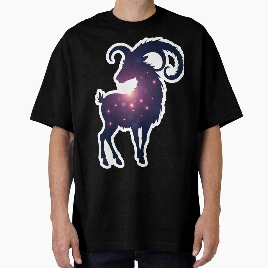 Aries Zodiac Constellation – Cosmic Galaxy Ram Silhouette Astrology Art Oversized T-Shirt