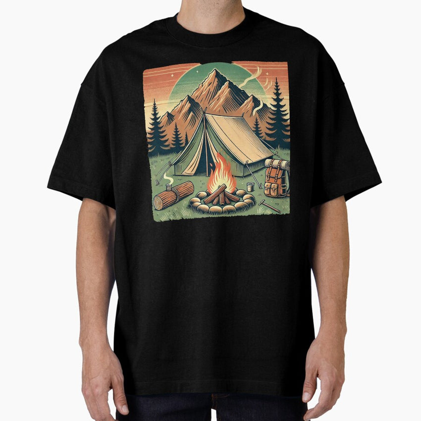 Adventure Awaits Retro Campsite Illustration Oversized T Shirt