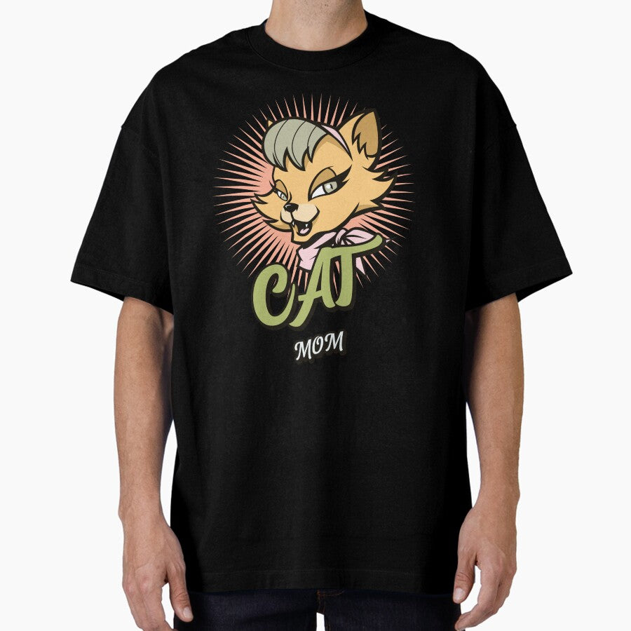 Retro Cartoon Cat MOM Oversized T-Shirt