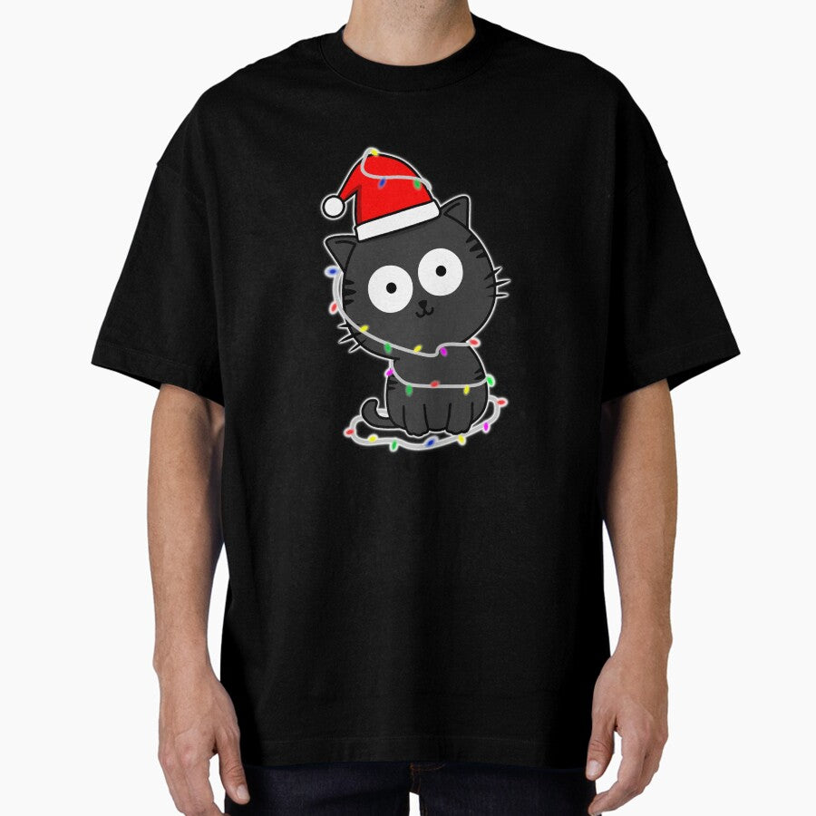 Santa Black Cat Tangled Up In Christmas Tree Lights Holiday Oversized T-Shirt