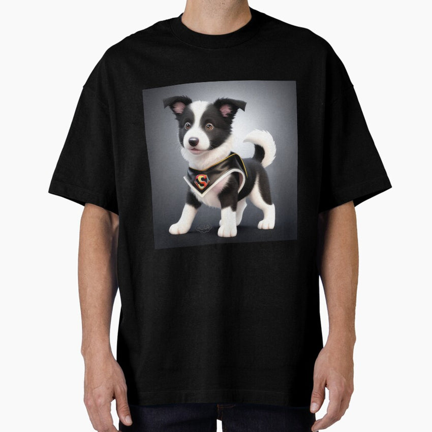 Adorable and Cute Border Collie as SuperHero Oversized T-Shirt