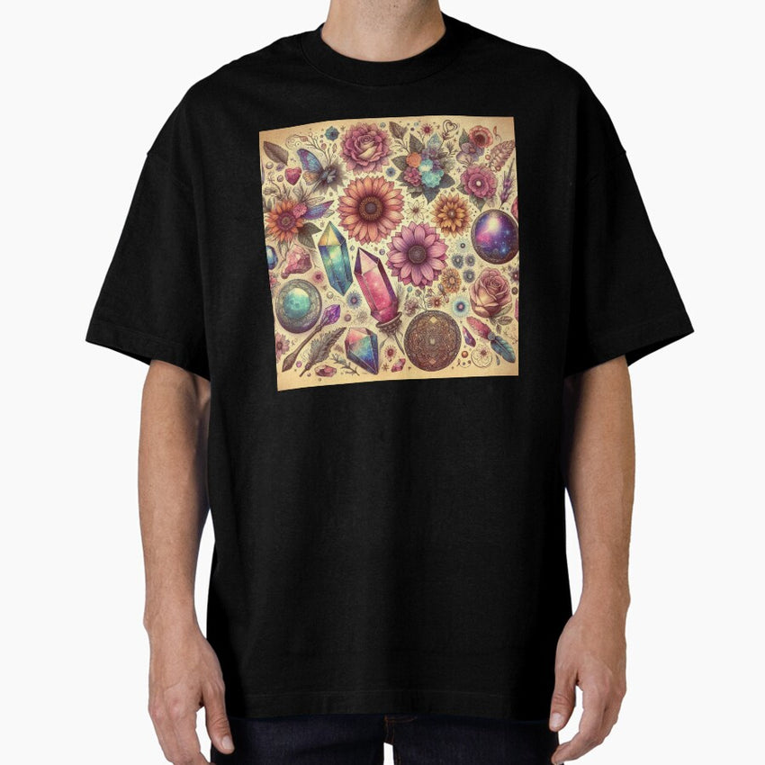 Retro picture with flowers and crystals Oversized T-Shirt