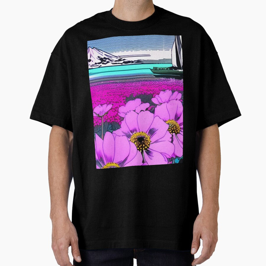 Retro Style Pink Flower Field In Front Of The Ship And Mountain Oversized T-Shirt