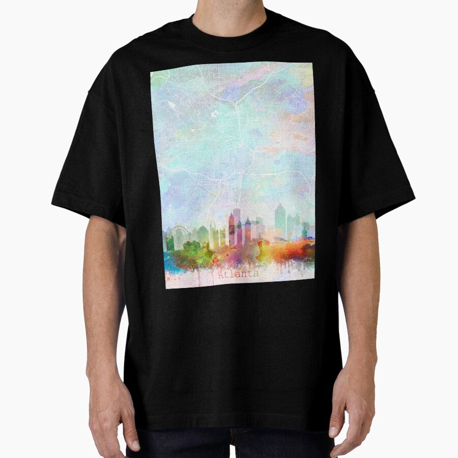 Atlanta Skyline Map Watercolor Print by Zouzounio Art Oversized T-Shirt