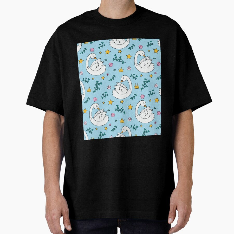 Swans And Flower Pattern Oversized T Shirt
