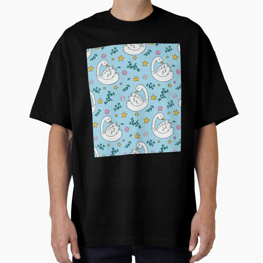 Swans And Flower Pattern Oversized T Shirt