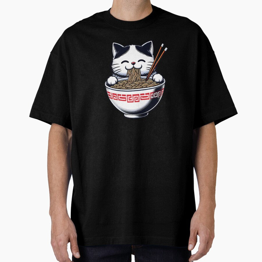 funny Cat Eating Noodles Oversized T-Shirt