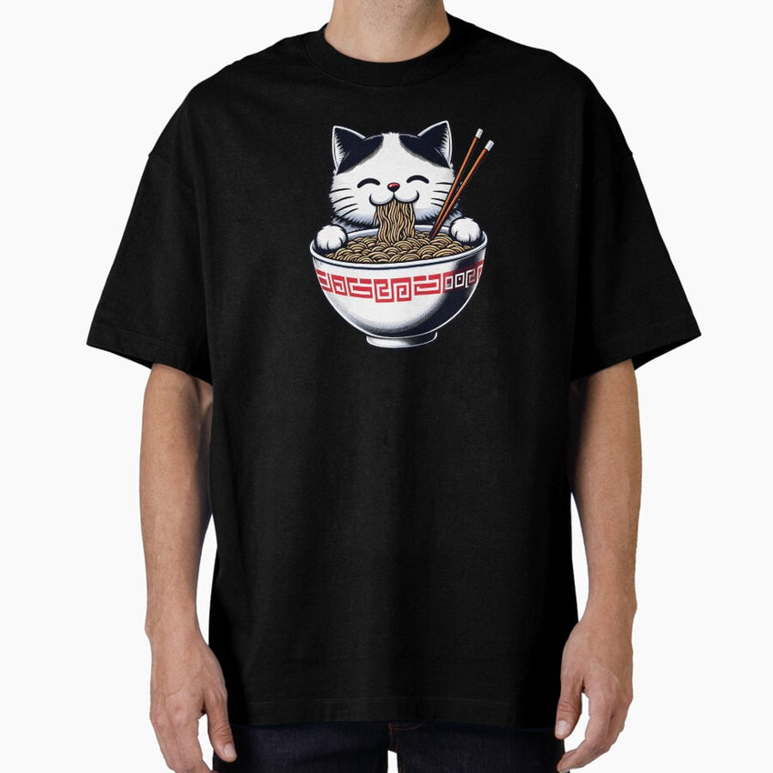 funny Cat Eating Noodles Oversized T-Shirt