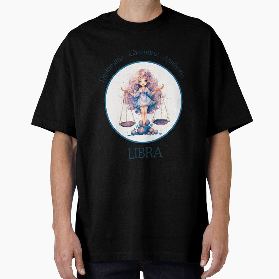 Cute Libra zodiac- Horescope/SunSign Theme on blue back ground Oversized T-Shirt