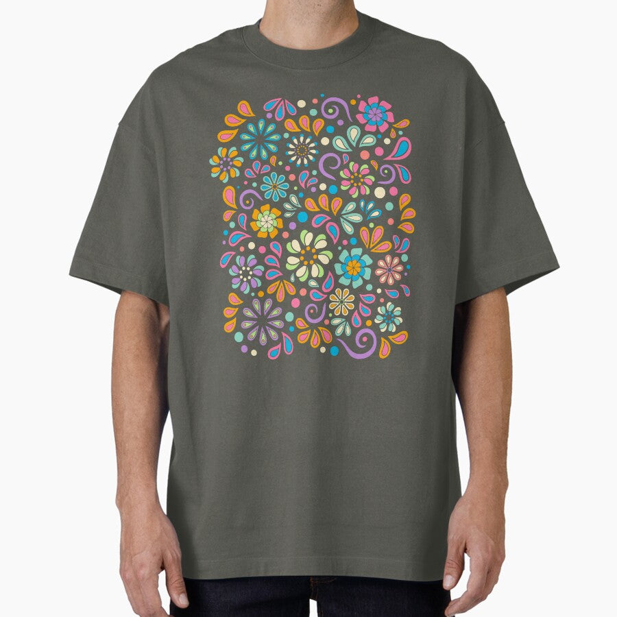 Retro Paisley Flower Power Bohemian Hand Drawn Art Oversized T-Shirt