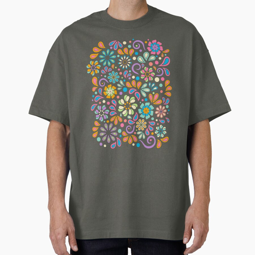 Retro Paisley Flower Power Bohemian Hand Drawn Art Oversized T-Shirt