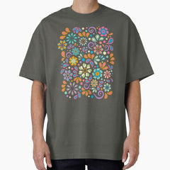 Retro Paisley Flower Power Bohemian Hand Drawn Art Oversized T-Shirt